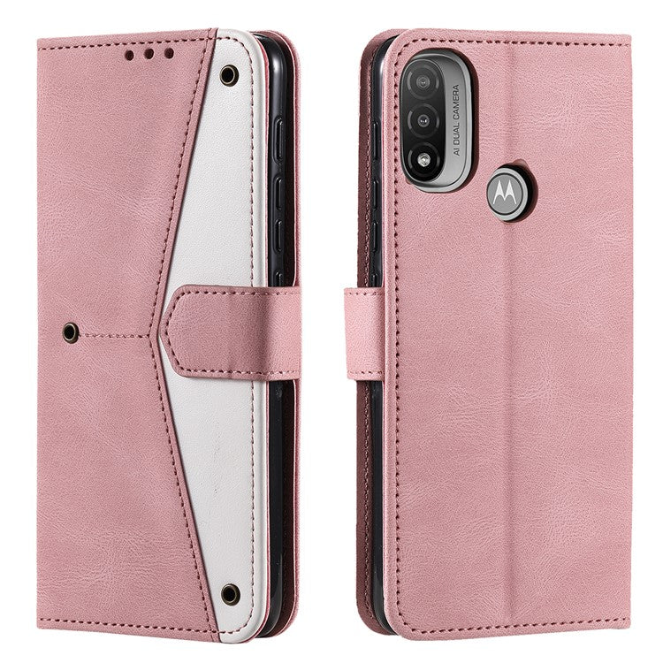 Stitching Surface Splicing Style PU Leather and TPU Phone Flip Case Skin-touch Stand Wallet Phone Protective Cover for Motorola Moto E20/E30/E40 - Pink