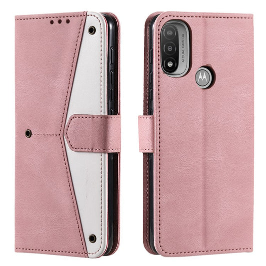 Stitching Surface Splicing Style PU Leather and TPU Phone Flip Case Skin-touch Stand Wallet Phone Protective Cover for Motorola Moto E20/E30/E40 - Pink