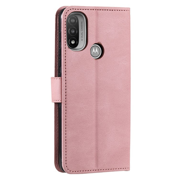 Stitching Surface Splicing Style PU Leather and TPU Phone Flip Case Skin-touch Stand Wallet Phone Protective Cover for Motorola Moto E20/E30/E40 - Pink