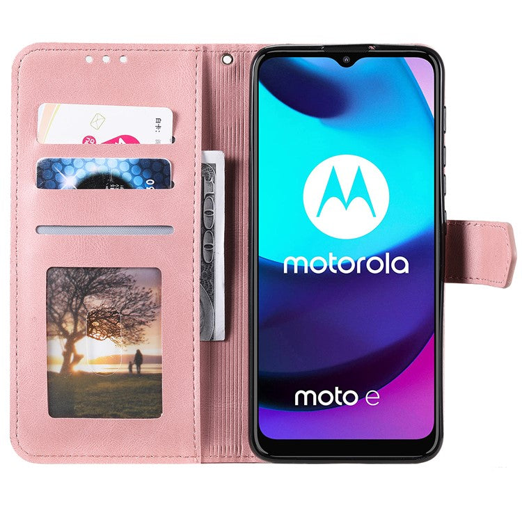 Stitching Surface Splicing Style PU Leather and TPU Phone Flip Case Skin-touch Stand Wallet Phone Protective Cover for Motorola Moto E20/E30/E40 - Pink
