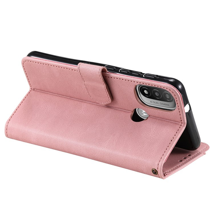 Stitching Surface Splicing Style PU Leather and TPU Phone Flip Case Skin-touch Stand Wallet Phone Protective Cover for Motorola Moto E20/E30/E40 - Pink