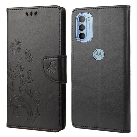 Cell Phone Case Stylish Imprint Butterflies Leather Phone Covering Practical Wallet Stand Shell for Motorola Moto G51 5G - Black