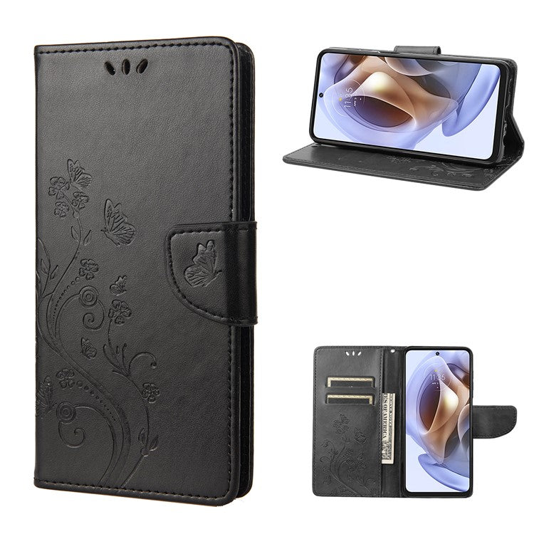 Cell Phone Case Stylish Imprint Butterflies Leather Phone Covering Practical Wallet Stand Shell for Motorola Moto G51 5G - Black