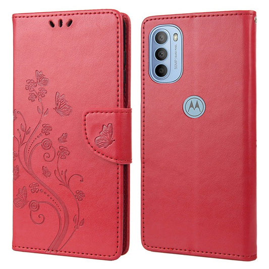 Cell Phone Case Stylish Imprint Butterflies Leather Phone Covering Practical Wallet Stand Shell for Motorola Moto G51 5G - Red
