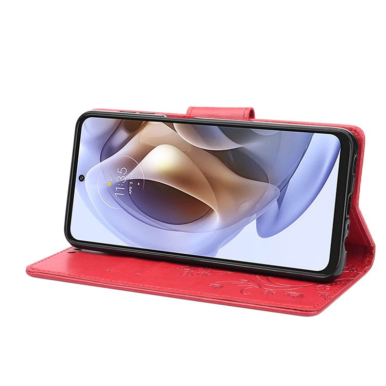 Cell Phone Case Stylish Imprint Butterflies Leather Phone Covering Practical Wallet Stand Shell for Motorola Moto G51 5G - Red