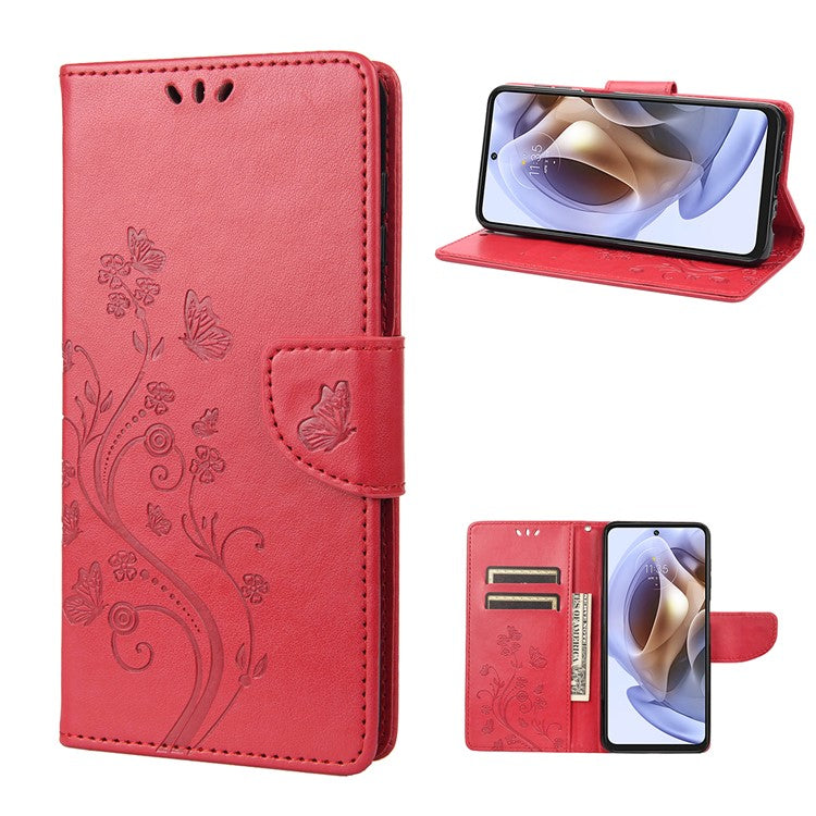 Cell Phone Case Stylish Imprint Butterflies Leather Phone Covering Practical Wallet Stand Shell for Motorola Moto G51 5G - Red
