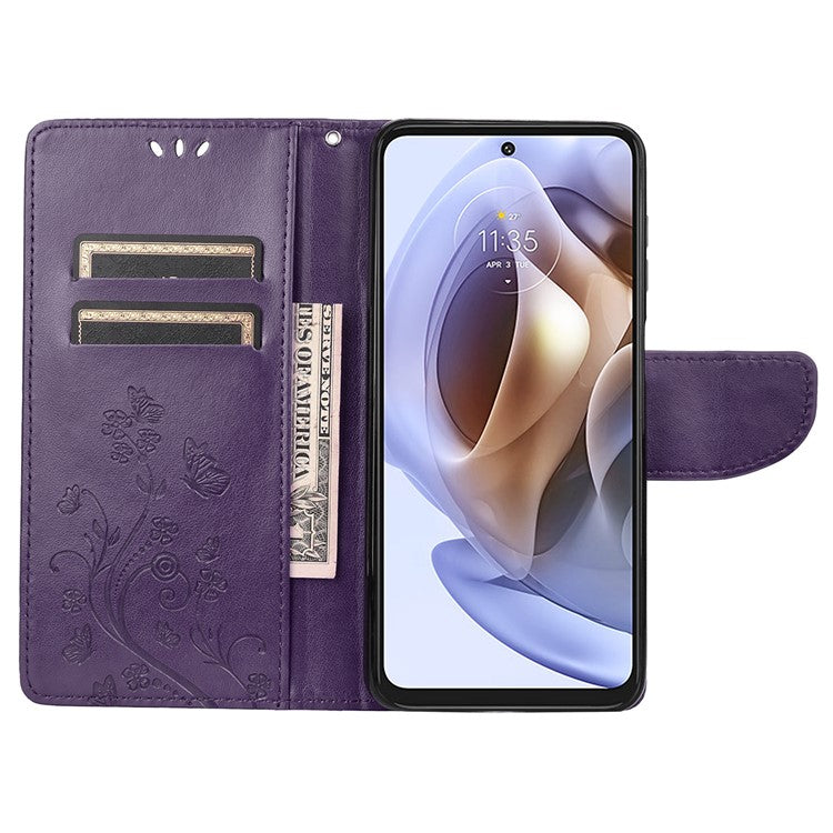 Cell Phone Case Stylish Imprint Butterflies Leather Phone Covering Practical Wallet Stand Shell for Motorola Moto G51 5G - Purple