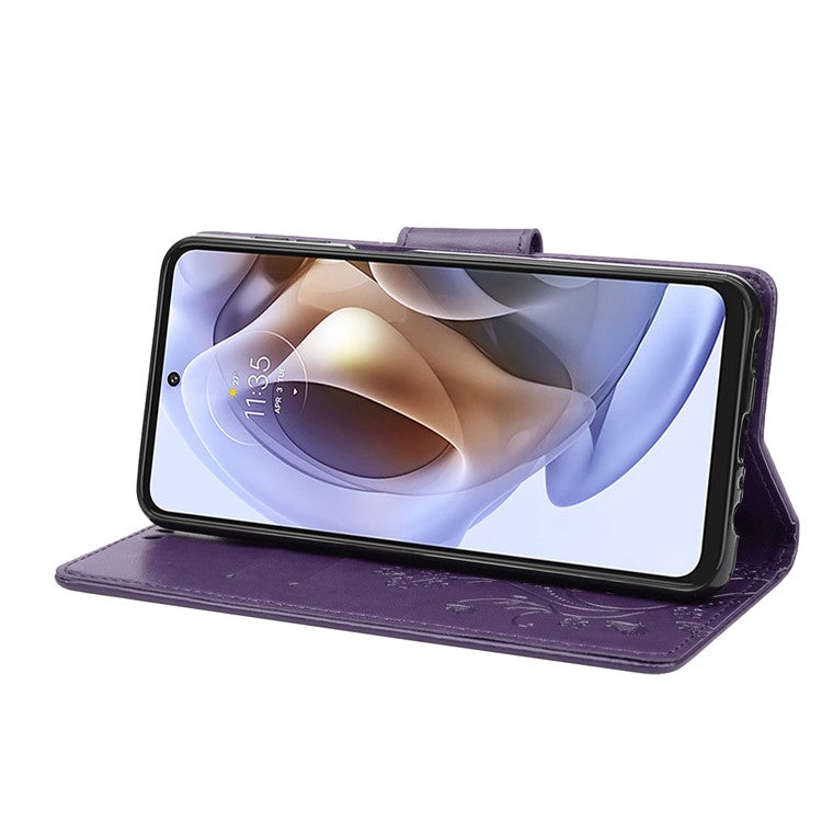 Cell Phone Case Stylish Imprint Butterflies Leather Phone Covering Practical Wallet Stand Shell for Motorola Moto G51 5G - Purple
