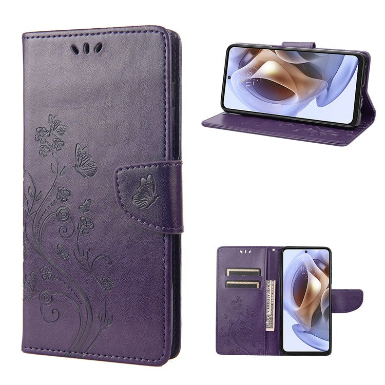Cell Phone Case Stylish Imprint Butterflies Leather Phone Covering Practical Wallet Stand Shell for Motorola Moto G51 5G - Purple