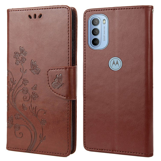 Cell Phone Case Stylish Imprint Butterflies Leather Phone Covering Practical Wallet Stand Shell for Motorola Moto G51 5G - Brown