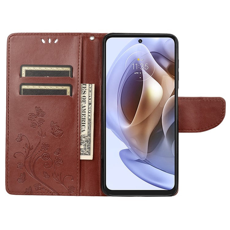 Cell Phone Case Stylish Imprint Butterflies Leather Phone Covering Practical Wallet Stand Shell for Motorola Moto G51 5G - Brown