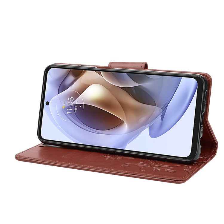Cell Phone Case Stylish Imprint Butterflies Leather Phone Covering Practical Wallet Stand Shell for Motorola Moto G51 5G - Brown
