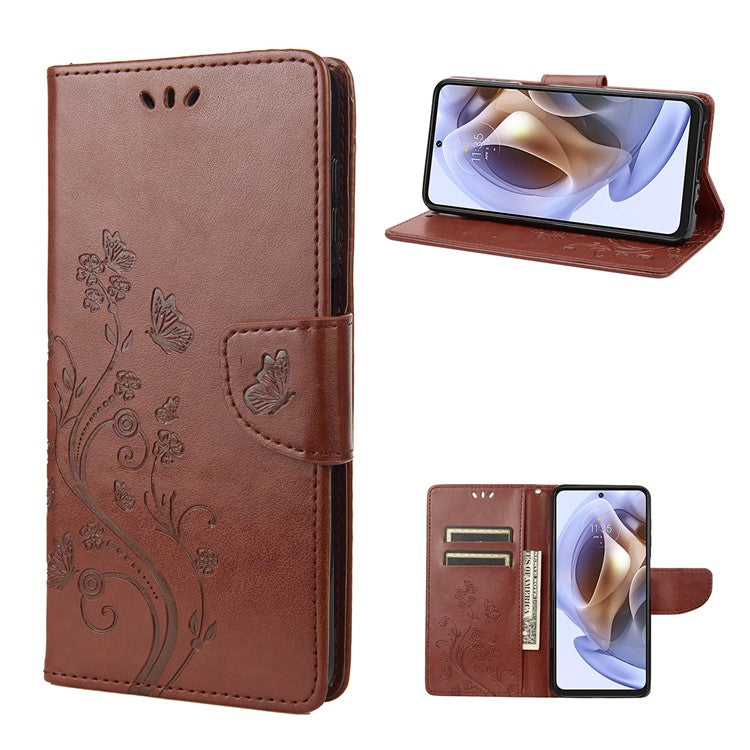 Cell Phone Case Stylish Imprint Butterflies Leather Phone Covering Practical Wallet Stand Shell for Motorola Moto G51 5G - Brown
