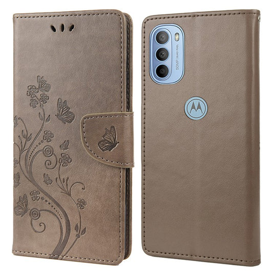 Cell Phone Case Stylish Imprint Butterflies Leather Phone Covering Practical Wallet Stand Shell for Motorola Moto G51 5G - Grey