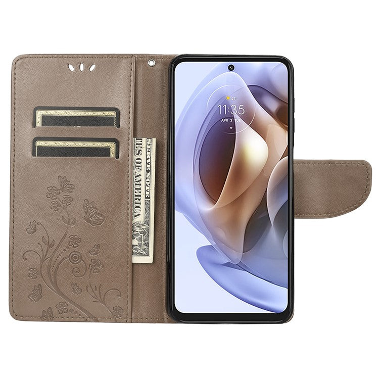 Cell Phone Case Stylish Imprint Butterflies Leather Phone Covering Practical Wallet Stand Shell for Motorola Moto G51 5G - Grey