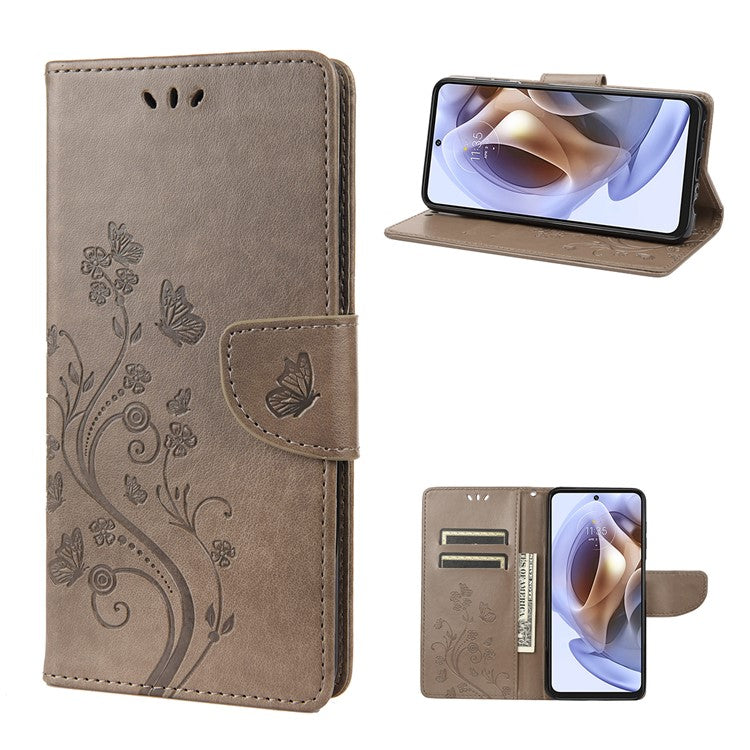 Cell Phone Case Stylish Imprint Butterflies Leather Phone Covering Practical Wallet Stand Shell for Motorola Moto G51 5G - Grey