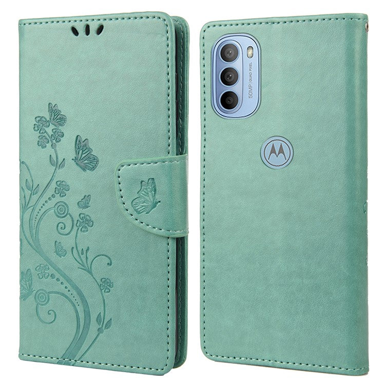 Cell Phone Case Stylish Imprint Butterflies Leather Phone Covering Practical Wallet Stand Shell for Motorola Moto G51 5G - Green