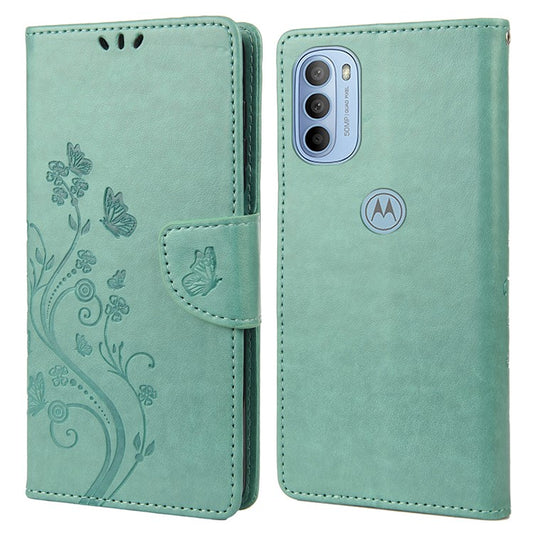 Cell Phone Case Stylish Imprint Butterflies Leather Phone Covering Practical Wallet Stand Shell for Motorola Moto G51 5G - Green