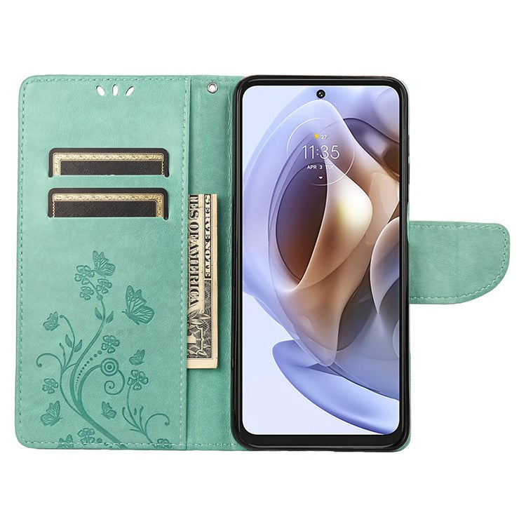 Cell Phone Case Stylish Imprint Butterflies Leather Phone Covering Practical Wallet Stand Shell for Motorola Moto G51 5G - Green