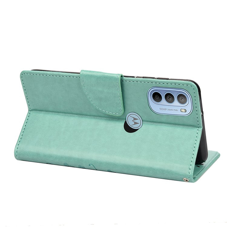 Cell Phone Case Stylish Imprint Butterflies Leather Phone Covering Practical Wallet Stand Shell for Motorola Moto G51 5G - Green