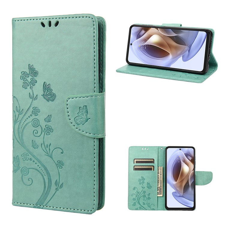 Cell Phone Case Stylish Imprint Butterflies Leather Phone Covering Practical Wallet Stand Shell for Motorola Moto G51 5G - Green