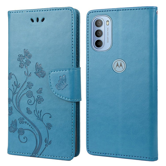 Cell Phone Case Stylish Imprint Butterflies Leather Phone Covering Practical Wallet Stand Shell for Motorola Moto G51 5G - Blue