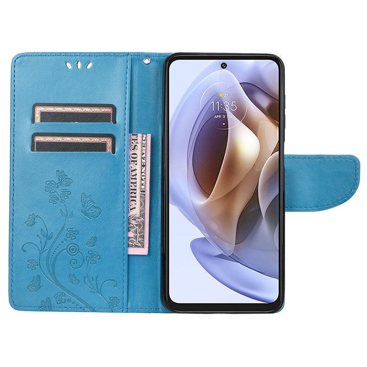 Cell Phone Case Stylish Imprint Butterflies Leather Phone Covering Practical Wallet Stand Shell for Motorola Moto G51 5G - Blue
