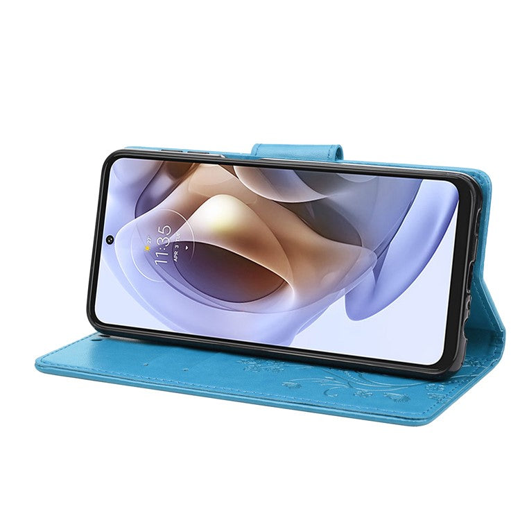 Cell Phone Case Stylish Imprint Butterflies Leather Phone Covering Practical Wallet Stand Shell for Motorola Moto G51 5G - Blue