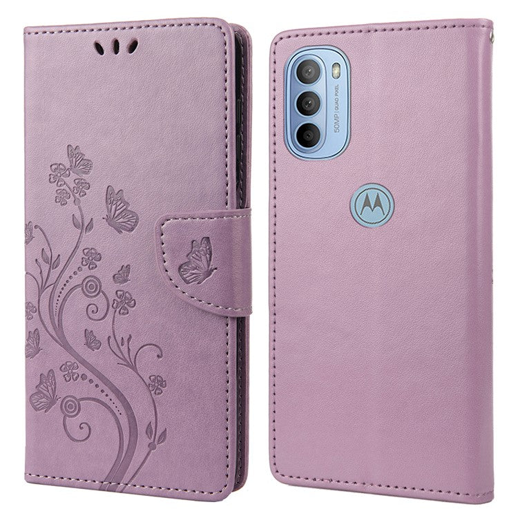 Cell Phone Case Stylish Imprint Butterflies Leather Phone Covering Practical Wallet Stand Shell for Motorola Moto G51 5G - Light Purple