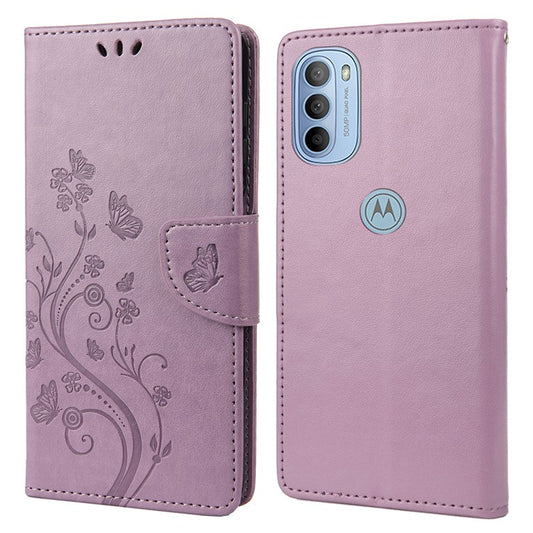 Cell Phone Case Stylish Imprint Butterflies Leather Phone Covering Practical Wallet Stand Shell for Motorola Moto G51 5G - Light Purple