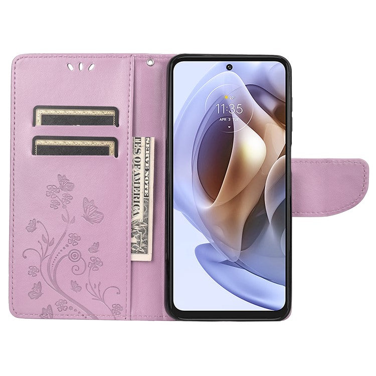 Cell Phone Case Stylish Imprint Butterflies Leather Phone Covering Practical Wallet Stand Shell for Motorola Moto G51 5G - Light Purple