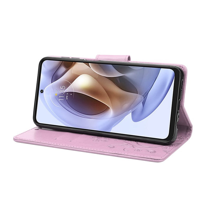 Cell Phone Case Stylish Imprint Butterflies Leather Phone Covering Practical Wallet Stand Shell for Motorola Moto G51 5G - Light Purple
