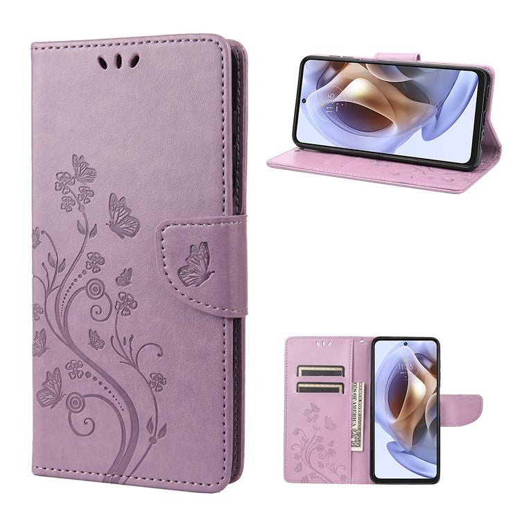 Cell Phone Case Stylish Imprint Butterflies Leather Phone Covering Practical Wallet Stand Shell for Motorola Moto G51 5G - Light Purple