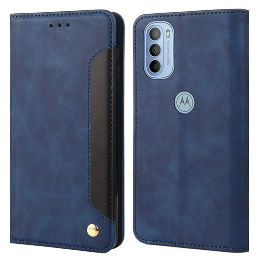 Smartphone Case Shockproof Wallet Phone Stand Cover Anti-dust Splicing PU Leather Shell for Motorola Moto G51 5G - Blue