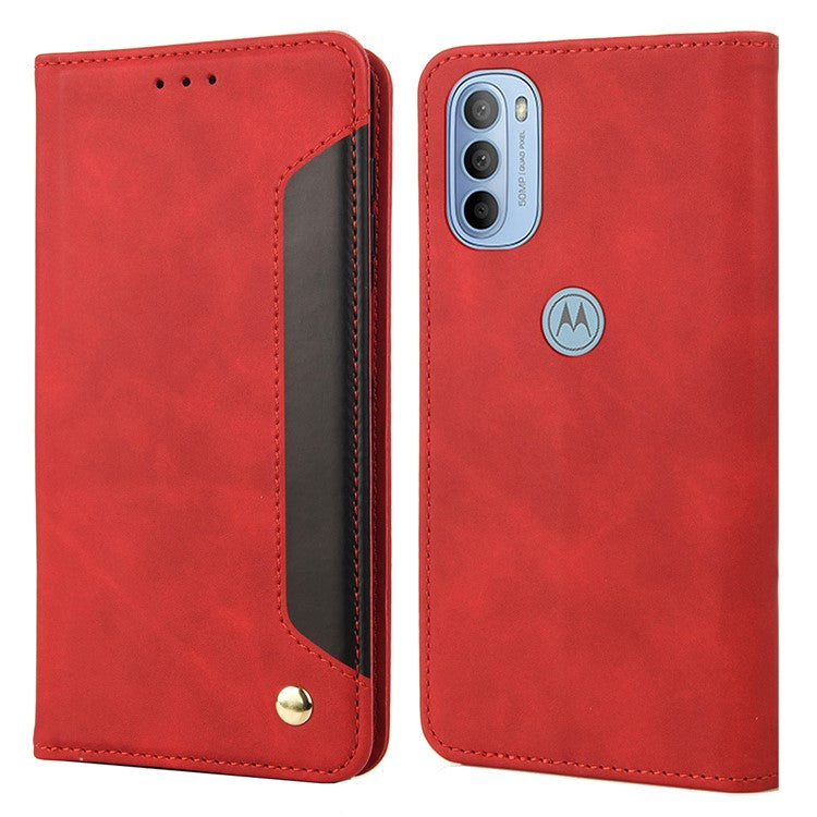 Smartphone Case Shockproof Wallet Phone Stand Cover Anti-dust Splicing PU Leather Shell for Motorola Moto G51 5G - Red
