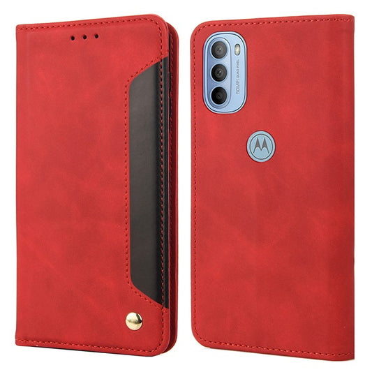 Smartphone Case Shockproof Wallet Phone Stand Cover Anti-dust Splicing PU Leather Shell for Motorola Moto G51 5G - Red