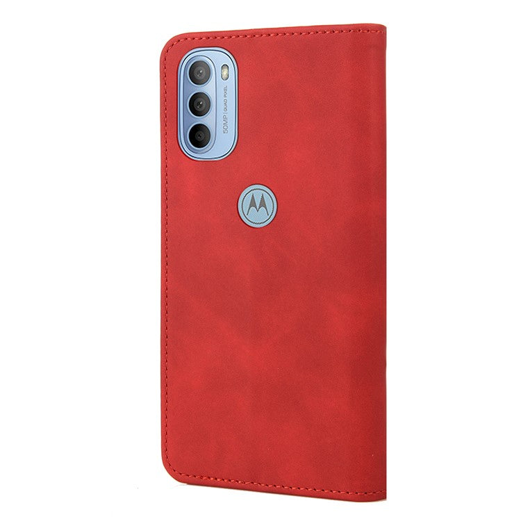 Smartphone Case Shockproof Wallet Phone Stand Cover Anti-dust Splicing PU Leather Shell for Motorola Moto G51 5G - Red