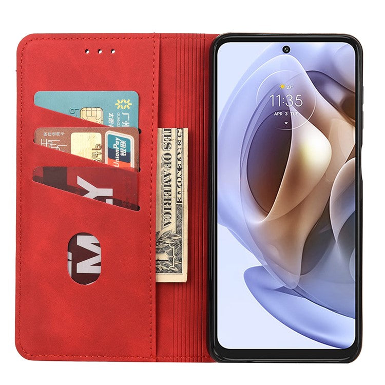 Smartphone Case Shockproof Wallet Phone Stand Cover Anti-dust Splicing PU Leather Shell for Motorola Moto G51 5G - Red