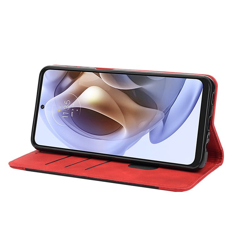 Smartphone Case Shockproof Wallet Phone Stand Cover Anti-dust Splicing PU Leather Shell for Motorola Moto G51 5G - Red