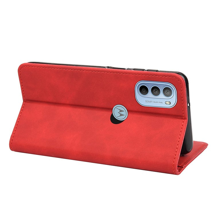Smartphone Case Shockproof Wallet Phone Stand Cover Anti-dust Splicing PU Leather Shell for Motorola Moto G51 5G - Red