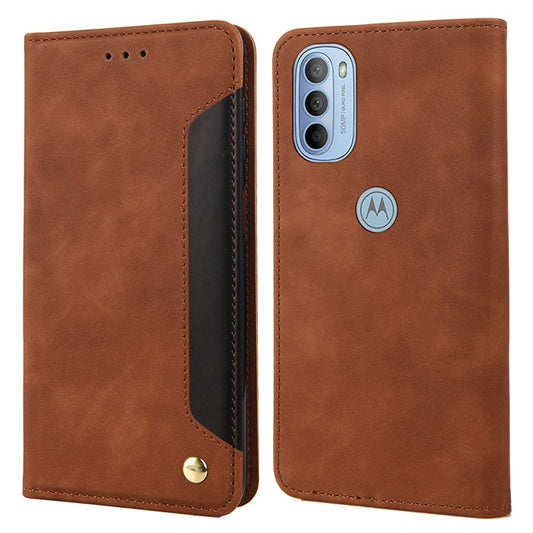Smartphone Case Shockproof Wallet Phone Stand Cover Anti-dust Splicing PU Leather Shell for Motorola Moto G51 5G - Brown