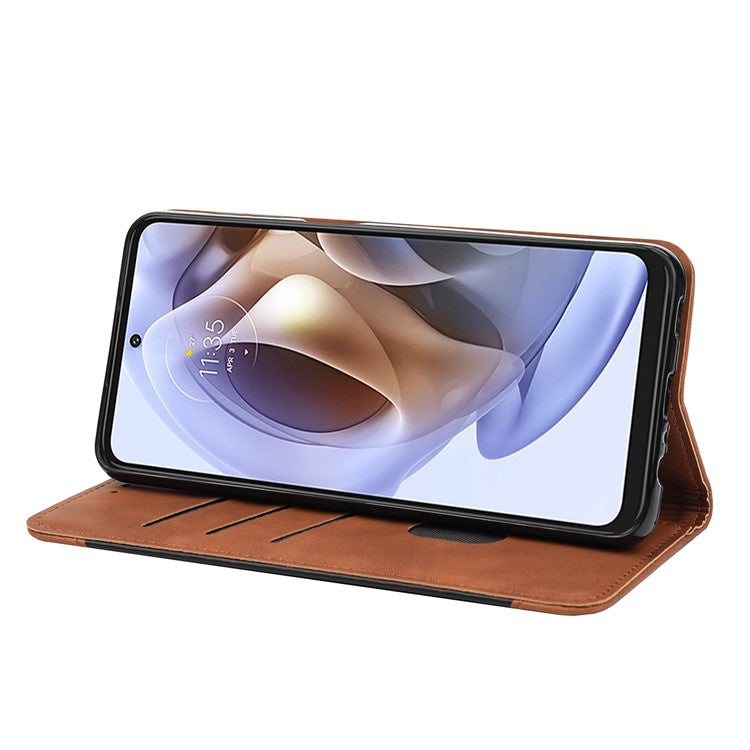 Smartphone Case Shockproof Wallet Phone Stand Cover Anti-dust Splicing PU Leather Shell for Motorola Moto G51 5G - Brown