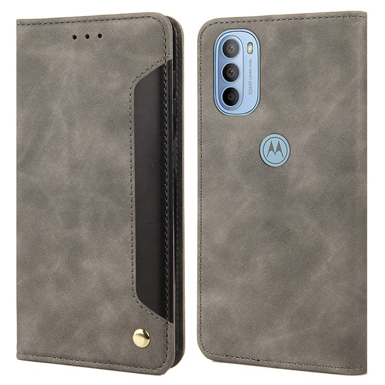 Smartphone Case Shockproof Wallet Phone Stand Cover Anti-dust Splicing PU Leather Shell for Motorola Moto G51 5G - Grey