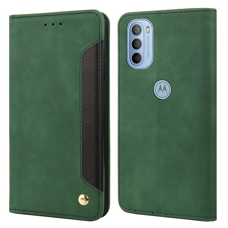 Smartphone Case Shockproof Wallet Phone Stand Cover Anti-dust Splicing PU Leather Shell for Motorola Moto G51 5G - Green