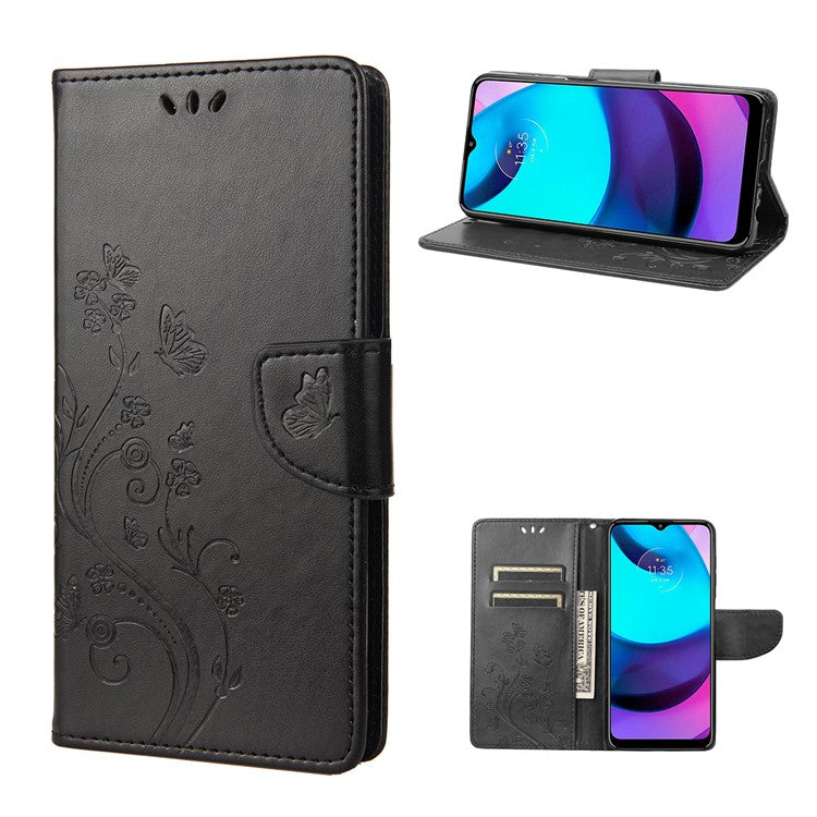 PU Leather Phone Covering Smartphone Case Stylish Imprint Butterflies Practical Wallet for Motorola Moto G71 5G - Black