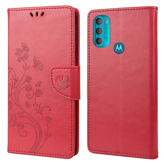 PU Leather Phone Covering Smartphone Case Stylish Imprint Butterflies Practical Wallet for Motorola Moto G71 5G - Red
