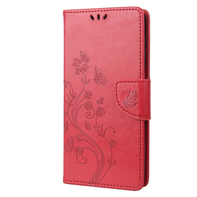 PU Leather Phone Covering Smartphone Case Stylish Imprint Butterflies Practical Wallet for Motorola Moto G71 5G - Red