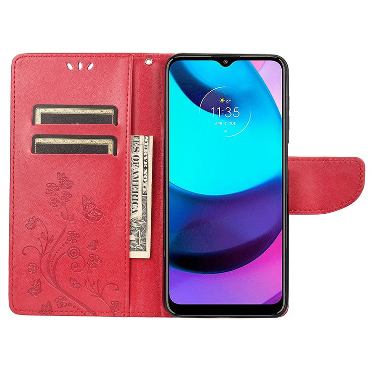 PU Leather Phone Covering Smartphone Case Stylish Imprint Butterflies Practical Wallet for Motorola Moto G71 5G - Red