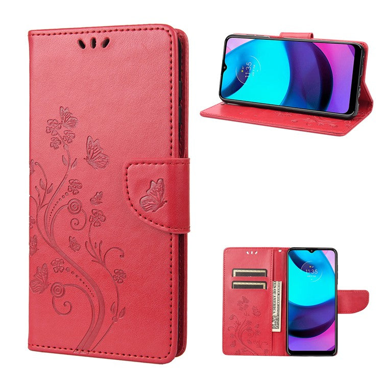 PU Leather Phone Covering Smartphone Case Stylish Imprint Butterflies Practical Wallet for Motorola Moto G71 5G - Red
