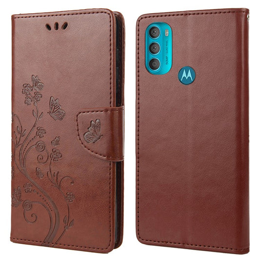 PU Leather Phone Covering Smartphone Case Stylish Imprint Butterflies Practical Wallet for Motorola Moto G71 5G - Brown